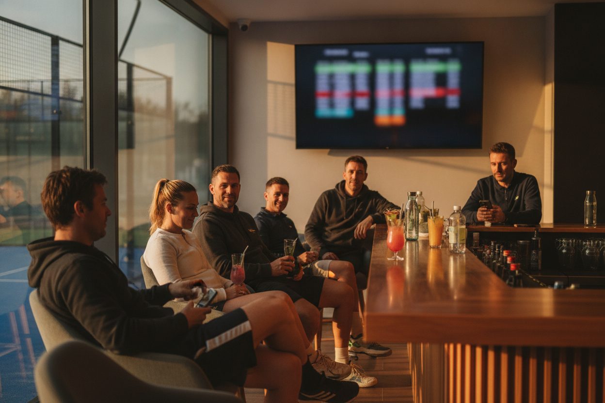 Players at the clubhouse bar watching the leaderboard on the TV